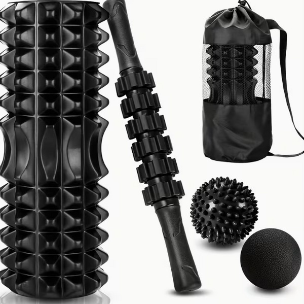 4-in-1 Black Foam Roller & Massage Stick Set